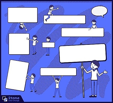 EPS 해외이미지 전신 배너 여자 말풍선 일러스트 사각프레임 서기 들기 앉기 여러명 상반신 성인 파란색 팻말 가리킴 성인여자만 카피스페이스 해외202004 해외202105 해외일러스트 컬러 다수 모션 프레임 사람 손짓 사각형 공백 여자만 성인만 파일형식 벡터
