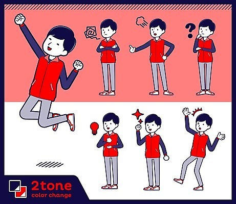 EPS 해외이미지 전신 남자 분홍색 허리손 생각 일러스트 전구 서기 여러명 성인 점프 놀람 주먹 분노 물음표 호기심 곤란 성인남자만 해외202004 해외202105 해외일러스트 기호 감정 컬러 포즈 다수 컨셉 모션 표정 사람 남자만 성인만 파일형식 벡터