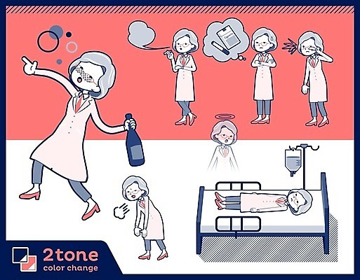 EPS 해외이미지 전신 여자 노년 할머니 분홍색 생각 일러스트 술병 흡연 담배 들기 여러명 상반신 눕기 놀람 의사 죽음 한숨 유령 링거 만취 병원침대 술취함 흡연자 노인여자만 해외202004 해외202105 해외일러스트 감정 컬러 다수 의료기기 모션 병_용기 주류 표정 사람 성인 의료진 침대 여자만 노인만 파일형식 벡터