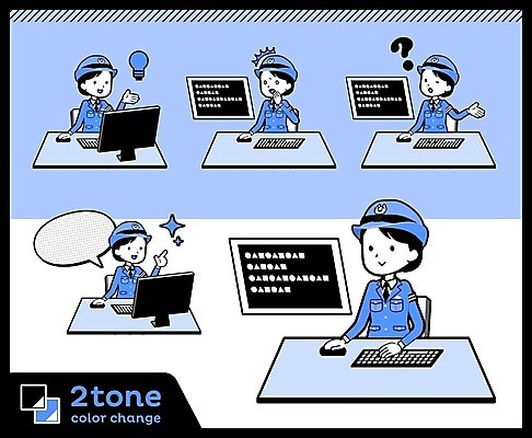 EPS 해외이미지 전신 여자 하늘색 말풍선 일러스트 전구 말하기 여러명 성인 컴퓨터 모니터 놀람 물음표 키보드 업무 경찰 책상 호기심 경찰복 여경 성인여자만 해외202004 해외202105 해외일러스트 직업 기호 감정 가구 다수 컨셉 유니폼 모션 표정 사람 파란색 전자제품 작업 여자만 성인만 파일형식 벡터