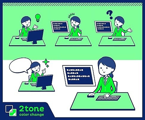 EPS 해외이미지 전신 여학생 여자 교복 말풍선 일러스트 전구 청소년 말하기 여러명 초록색 컴퓨터 모니터 놀람 물음표 키보드 업무 남색 책상 호기심 십대여자만 해외202004 해외202105 해외일러스트 학생 기호 옷 감정 컬러 가구 다수 컨셉 모션 표정 사람 전자제품 작업 여자만 십대만 파일형식 벡터