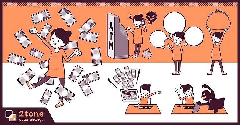 EPS 해외이미지 캐릭터 여자 말풍선 지폐 돈 생각 가방 일러스트 들기 여러명 성인 금융 컴퓨터 세트 놀람 범죄 지갑 범죄인 통화 ATM 성인여자만 해외202004 해외202105 해외일러스트 일러캐릭터 잡화 감정 다수 모션 표정 사람 경제 전자제품 재산 여자만 성인만 파일형식 벡터