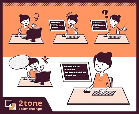 EPS 해외이미지 캐릭터 여자 일러스트 회사 비즈니스 아이디어 앉기 여러명 성인 컴퓨터 세트 주황색 놀람 임산부 업무 직장인 비즈니스우먼 메시지 책상 성인여자만 해외202004 해외202105 해외일러스트 일러캐릭터 직업 감정 컬러 가구 다수 컨셉 모션 표정 사람 전자제품 임신 작업 여자만 성인만 파일형식 벡터