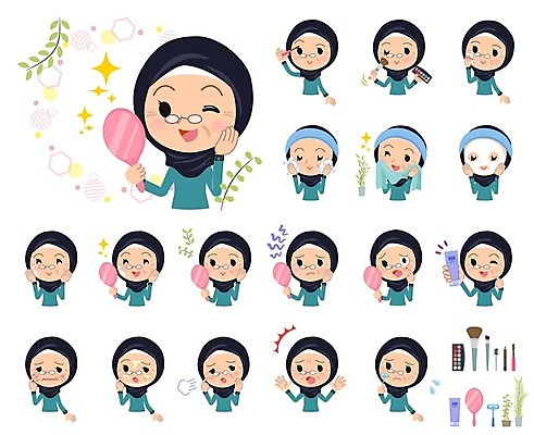 EPS 해외이미지 여자 노년 할머니 일러스트 들기 여러명 상반신 수건 화장 뷰티 놀람 주름 찡그림 세수 한숨 볼터치 피부관리 마스카라 손거울 닦기 스킨케어 마스크팩 여드름 자기관리 중동인 히잡 노인여자만 안경낌 해외202004 해외202105 해외일러스트 외국인 감정 안경 다수 모션 표정 사람 성인 위생용품 청결 화장품 거울 팩 이슬람문화 여자만 노인만 파일형식 벡터