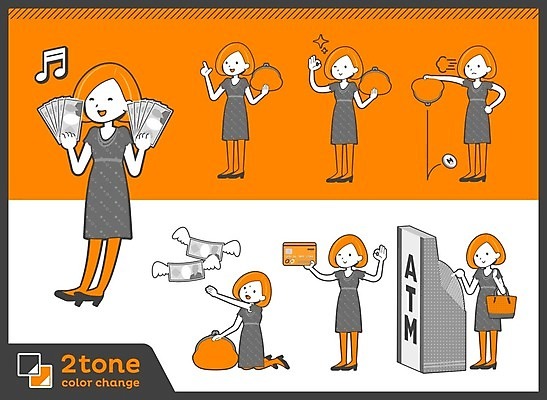 EPS 해외이미지 캐릭터 드레스 여자 대학생 지폐 돈 일러스트 들기 여러명 성인 금융 경제 세트 동전 주황색 저축 신용카드 지갑 재산 떨어짐 ATM 성인여자만 해외202004 해외202105 해외일러스트 일러캐릭터 학생 옷 컬러 다수 컨셉 모션 사람 여자만 성인만 파일형식 벡터