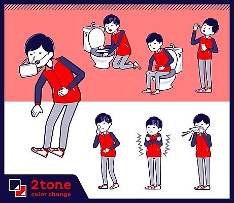 EPS 해외이미지 캐릭터 남자 분홍색 일러스트 건강 마스크 앉기 여러명 성인 세트 약 추위 서비스업 종업원 직원 판매원 기침 변기통 오한 재채기 성인남자만 해외202004 해외202105 해외일러스트 일러캐릭터 직업 산업 컬러 다수 의학 모션 사람 증상 남자만 성인만 파일형식 벡터