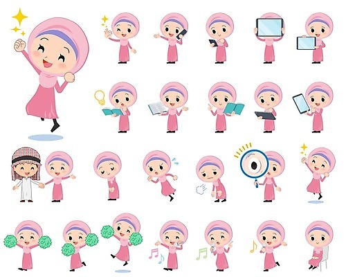 EPS 해외이미지 전신 여자 남자 어린이 일러스트 노래 응원 돋보기 서기 들기 앉기 소년 여러명 책 태블릿 독서 달리기 점프 관찰 인사 OK 마이크 즐거움 통화 보여주기 응원수술 중동인 히잡 힘듦 어린이만 해외202004 해외202105 해외일러스트 외국인 감정 음악 음향기기 다수 컨셉 모션 사람 손짓 전자제품 스마트기기 응원용품 예절 이슬람문화 파일형식 벡터