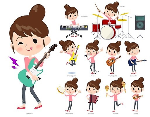 EPS 해외이미지 전신 여자 악기 음악 연주 일러스트 서기 들기 여러명 성인 스피커 통기타 일렉기타 우쿨렐레 마이크 탬버린 아코디언 마라카스 베이스 신디사이저 성인여자만 해외202004 해외202105 해외일러스트 음향기기 다수 모션 현악기 문화예술 타악기 사람 기타 건반악기 여자만 성인만 파일형식 벡터