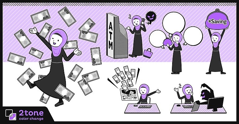 EPS 해외이미지 캐릭터 여자 말풍선 지폐 돈 생각 일러스트 비즈니스 들기 여러명 성인 금융 경제 세트 보라색 놀람 범죄 지갑 범죄인 사우디아라비아 ATM 라마단 이란 중동인 파키스탄 성인여자만 해외202004 해외202105 해외일러스트 일러캐릭터 외국인 감정 아시아 컬러 다수 중동 모션 표정 사람 재산 여자만 성인만 파일형식 벡터