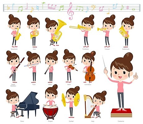 EPS 해외이미지 전신 여자 악기 음악 연주 음표 일러스트 서기 들기 여러명 성인 색소폰 플루트 바이올린 드럼 트럼펫 첼로 하프 지휘자 클라리넷 트롬본 성인여자만 해외202004 해외202105 해외일러스트 기호 다수 모션 현악기 문화예술 타악기 관악기 사람 음악가 목관악기 금관악기 여자만 성인만 파일형식 벡터 찰현악기