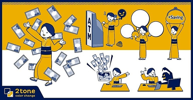 EPS 해외이미지 전신 여자 지폐 생각 일러스트 서기 들기 여러명 상반신 성인 컴퓨터 노란색 손들기 놀람 저축 속임수 범죄 기모노 일본인 남색 통화 ATM 강요 동전주머니 보이스피싱 성인여자만 해외202004 해외202105 해외일러스트 외국인 감정 컬러 다수 컨셉 돈 모션 표정 사람 동양인 금융 전자제품 주머니 일본전통의상 피싱 여자만 성인만 파일형식 벡터