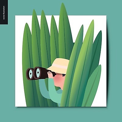 EPS 해외이미지 남자 잎 일러스트 한명 들기 상반신 성인 초록색 쌍안경 관찰 심플 사냥꾼 성인남자한명만 해외202004 해외202105 해외일러스트 식물 직업 1 컬러 모션 사람 망원경 남자한명만 성인남자만 파일형식 벡터