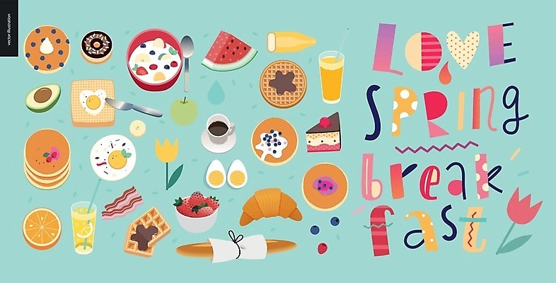 EPS 해외이미지 접시 꽃 커피 빵 하늘색 오렌지 일러스트 딸기 수박 바나나 타이포그라피 사람없음 계란 숟가락 주스 봄 나이프 도넛 아침식사 사과 바게트 조각케이크 시리얼 크루아상 레모네이드 토스트 베이컨 요거트 아보카도 와플 팬케이크 수박조각 해외202004 해외202105 해외일러스트 식물 문자 식기 계절 음료 음식 조각 과일 디저트 유제품 수저 돼지고기 파란색 케이크 알 식사 칼 에이드 파일형식 벡터