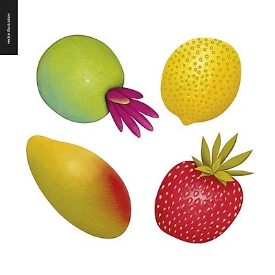 EPS 해외이미지 열매 과일 일러스트 딸기 사람없음 레몬 망고 해외202004 해외202105 해외일러스트 식물 열대과일 파일형식 벡터