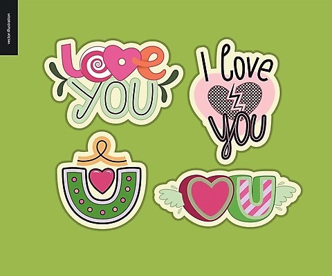 EPS 해외이미지 분홍색 스티커 일러스트 사랑 타이포그라피 글자캘리그라피 사람없음 연두색 단어 세트 하트 아이러브유 해외202004 해외202105 아기자기 해외일러스트 모양 문자 감정 컬러 컨셉 캘리그라피 초록색 파일형식 벡터