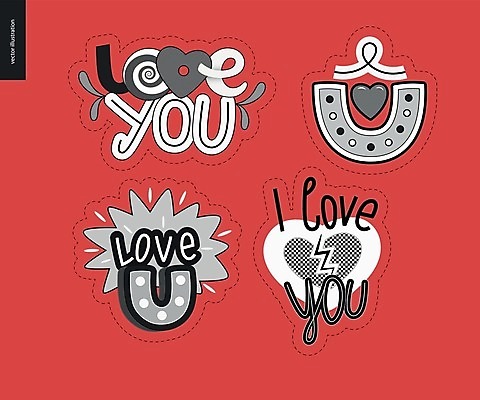 EPS 해외이미지 스티커 잎 일러스트 사랑 타이포그라피 글자캘리그라피 사람없음 빨간색 단어 세트 회색 하트 아이러브유 해외202004 해외202105 아기자기 해외일러스트 모양 식물 문자 감정 컬러 컨셉 캘리그라피 파일형식 벡터