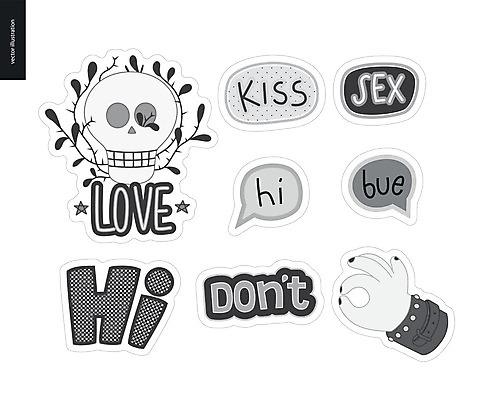 EPS 해외이미지 손 말풍선 스티커 잎 일러스트 키스 해골 사랑 타이포그라피 글자캘리그라피 신체부위 단어 세트 검은색 회색 인사 OK 해외202004 해외202105 아기자기 해외일러스트 식물 문자 감정 컬러 컨셉 캘리그라피 뼈 사람 손짓 예절 애정표현 파일형식 벡터