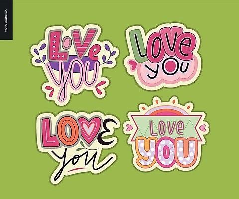 EPS 해외이미지 분홍색 스티커 잎 일러스트 사랑 타이포그라피 글자캘리그라피 사람없음 연두색 단어 세트 하트 해외202004 해외202105 아기자기 해외일러스트 모양 식물 문자 감정 컬러 컨셉 캘리그라피 초록색 파일형식 벡터