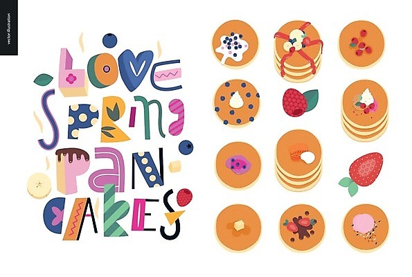 EPS 해외이미지 일러스트 딸기 아이스크림 타이포그라피 사람없음 다양 생크림 블루베리 산딸기 시럽 버터 팬케이크 해외202004 해외202105 해외일러스트 문자 다수 과일 디저트 케이크 크림 파일형식 벡터