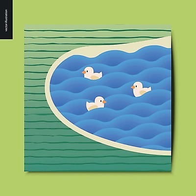 EPS 해외이미지 호수 일러스트 오리 세마리 사람없음 연두색 파란색 심플 해외202004 해외202105 해외일러스트 컬러 조류 3 초록색 파일형식 벡터