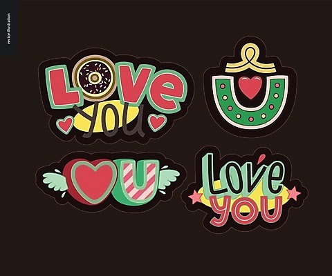 EPS 해외이미지 별 스티커 일러스트 사랑 타이포그라피 글자캘리그라피 사람없음 빨간색 초록색 단어 세트 검은색 하트 도넛 아이러브유 해외202004 해외202105 아기자기 해외일러스트 자연요소 모양 문자 감정 컬러 컨셉 캘리그라피 디저트 파일형식 벡터