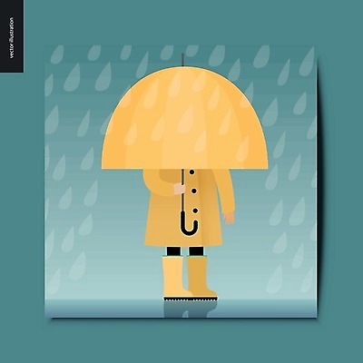 EPS 해외이미지 여자 어린이 하늘색 일러스트 우산 장화 한명 들기 노란색 비 심플 우비 뒤집어쓰기 소녀한명만 해외202004 해외202105 해외일러스트 자연요소 1 옷 컬러 신발 모션 날씨 사람 파란색 여자한명만 소녀만 파일형식 벡터