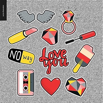 EPS 해외이미지 스티커 날개 일러스트 타이포그라피 글자캘리그라피 사람없음 빨간색 단어 노란색 회색 립스틱 하트 반지 카세트테이프 보석 마스카라 다이아몬드 막대아이스크림 레터링 해외202004 해외202105 아기자기 해외일러스트 모양 문자 컬러 컨셉 장신구 캘리그라피 아이스크림 화장품 광석 파일형식 벡터