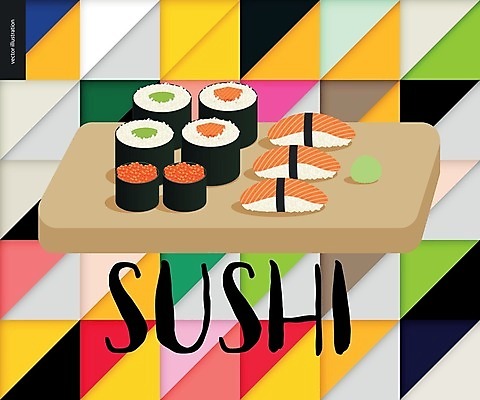 EPS 해외이미지 일러스트 타이포그라피 사람없음 컬러풀 초밥 고추냉이 군함말이초밥 나무도마 롤스시 연어초밥 해외202004 해외202105 해외일러스트 문자 컬러 도마 목재 양념 연어 일본음식 파일형식 벡터