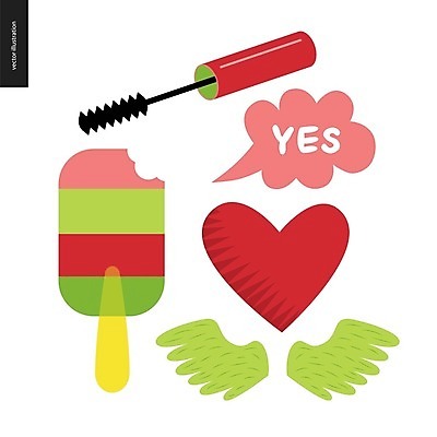 EPS 해외이미지 말풍선 스티커 날개 일러스트 사랑 사람없음 빨간색 연두색 하트 마스카라 막대아이스크림 예스 레터링 해외202004 해외202105 해외일러스트 모양 감정 컬러 아이스크림 초록색 화장품 파일형식 벡터