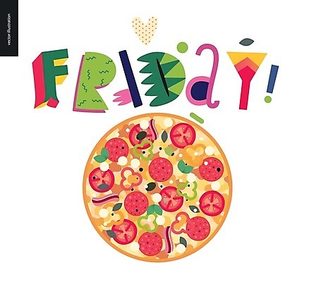 EPS 해외이미지 영어 토마토 일러스트 파프리카 피자 타이포그라피 사람없음 올리브 후추 바질 금요일 페퍼로니 피자치즈 해외202004 해외202105 해외일러스트 문자 열매 채소 치즈 패스트푸드 서양음식 소시지 향신료 요일 파일형식 벡터