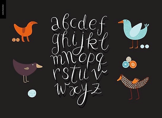 EPS 해외이미지 알파벳 영어 여러마리 일러스트 조류 오리 타이포그라피 글자캘리그라피 사람없음 검은색 오리알 레터링 해외202004 해외202105 해외일러스트 동물 문자 컬러 다수 캘리그라피 알 파일형식 벡터