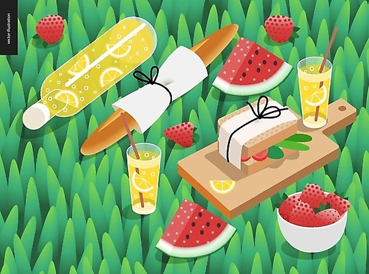 EPS 해외이미지 그릇 빵 일러스트 딸기 유리병 수박 샌드위치 사람없음 초록색 소풍 레모네이드 나무도마 수박조각 음료수병 해외202004 해외202105 해외일러스트 식기 음식 컬러 조각 과일 병_용기 도마 목재 야외활동 에이드 병_담는 파일형식 벡터