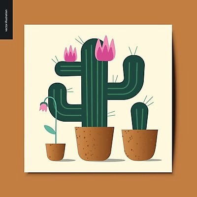 EPS 해외이미지 꽃 화분 일러스트 선인장 사람없음 초록색 심플 선인장꽃 베이지색 해외202004 해외202105 해외일러스트 식물 컬러 파일형식 벡터