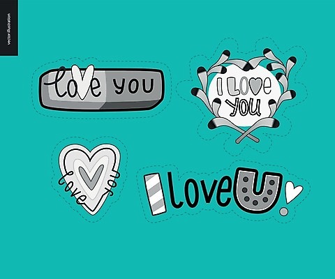 EPS 해외이미지 스티커 잎 일러스트 사랑 타이포그라피 글자캘리그라피 사람없음 단어 세트 하트 민트색 해외202004 해외202105 아기자기 해외일러스트 모양 식물 문자 감정 컬러 컨셉 캘리그라피 파일형식 벡터