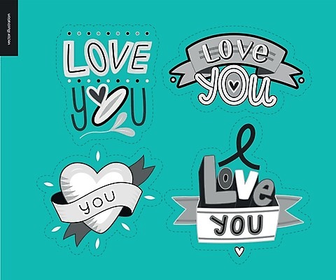 EPS 해외이미지 리본 스티커 잎 일러스트 사랑 타이포그라피 글자캘리그라피 사람없음 단어 세트 회색 하트 민트색 아이러브유 해외202004 해외202105 아기자기 해외일러스트 모양 식물 문자 감정 컬러 컨셉 캘리그라피 파일형식 벡터