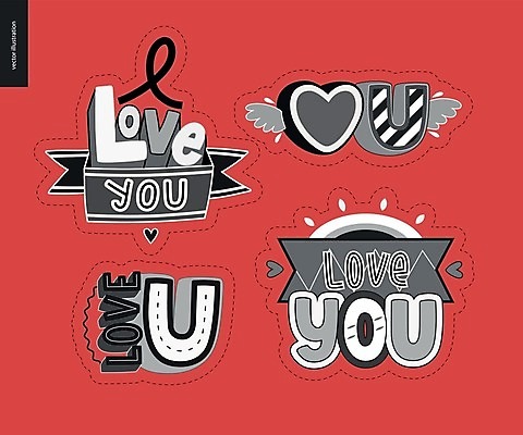 EPS 해외이미지 리본 스티커 날개 일러스트 사랑 타이포그라피 글자캘리그라피 사람없음 빨간색 단어 세트 하트 해외202004 해외202105 아기자기 해외일러스트 모양 문자 감정 컬러 컨셉 캘리그라피 파일형식 벡터