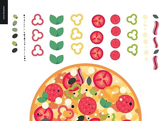 EPS 해외이미지 토마토 일러스트 파프리카 피자 사람없음 올리브 토핑 베이컨 후추 바질 페퍼로니 피자치즈 해외202004 해외202105 해외일러스트 열매 채소 치즈 패스트푸드 서양음식 돼지고기 소시지 향신료 파일형식 벡터