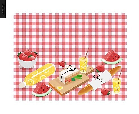 EPS 해외이미지 빵 일러스트 딸기 수박 샌드위치 사람없음 빨간색 레모네이드 돗자리 체크무늬 나무도마 음료수병 해외202004 해외202105 해외일러스트 음식 컬러 무늬 과일 도마 목재 에이드 병_담는 파일형식 벡터