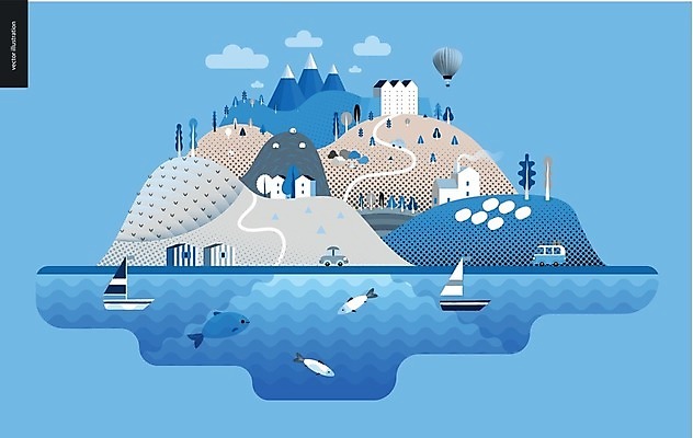 EPS 해외이미지 바다 섬 하늘색 일러스트 자동차 산 어류 사람없음 해외202004 해외202105 해외일러스트 육상교통 파란색 수중동물 파일형식 벡터