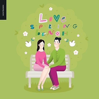 EPS 해외이미지 전신 커플 영어 여자 남자 두마리 벤치 일러스트 사랑 앉기 성인 타이포그라피 글자캘리그라피 두명 연두색 손잡기 봄 비둘기 레터링 성인만 해외202004 해외202105 해외일러스트 문자 계절 감정 2 의자 캘리그라피 관계 모션 조류 사람 초록색 파일형식 벡터