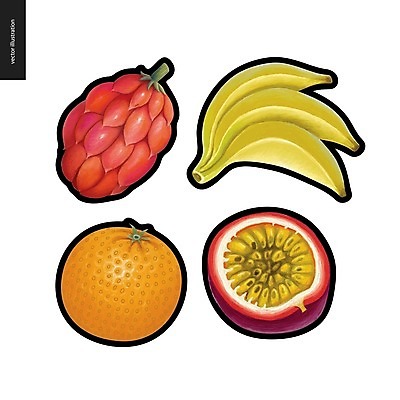 EPS 해외이미지 열매 오렌지 일러스트 단면 바나나 사람없음 패션후르츠 해외202004 해외202105 해외일러스트 식물 과일 열대과일 파일형식 벡터