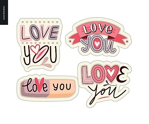 EPS 해외이미지 스티커 일러스트 발렌타인데이 사랑 타이포그라피 사람없음 귀여움 하트 레터링 해외202004 해외202105 해외일러스트 모양 문자 감정 컨셉 데이이벤트 파일형식 벡터
