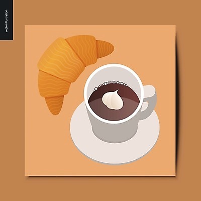EPS 해외이미지 커피 일러스트 사람없음 갈색 커피잔 크루아상 컵받침 생크림 해외202004 해외202105 해외일러스트 음료 빵 컬러 잔 받침대 크림 파일형식 벡터