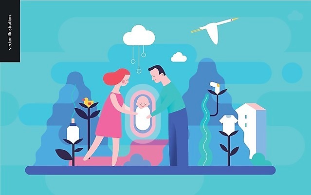 EPS 해외이미지 전신 나무 구름 여자 남자 행복 하늘색 일러스트 가족 조류 엄마 사랑 가족애 성인 세명 아기 출산 아빠 해외202004 해외202105 해외일러스트 자연요소 식물 동물 감정 관계 사람 파란색 파일형식 벡터