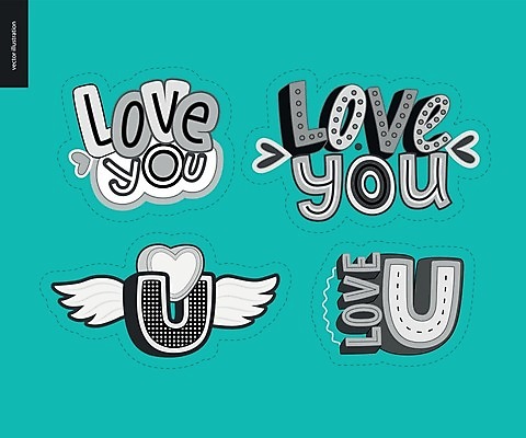 EPS 해외이미지 스티커 일러스트 사랑 타이포그라피 글자캘리그라피 사람없음 단어 세트 회색 하트 민트색 아이러브유 해외202004 해외202105 아기자기 해외일러스트 모양 문자 감정 컬러 컨셉 캘리그라피 파일형식 벡터