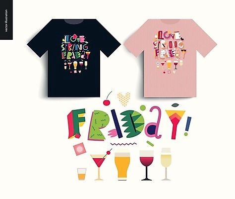 EPS 해외이미지 영어 티셔츠 와인잔 일러스트 타이포그라피 글자캘리그라피 사람없음 샴페인잔 칵테일잔 맥주잔 금요일 레터링 해외202004 해외202105 해외일러스트 문자 셔츠 술잔 캘리그라피 요일 파일형식 벡터