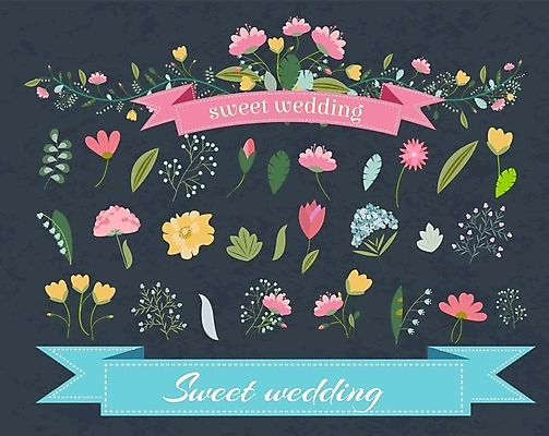 EPS 해외이미지 꽃 리본 잎 일러스트 사람없음 봄 엘리먼트 해외202004 해외202105 해외일러스트 식물 계절 파일형식 벡터