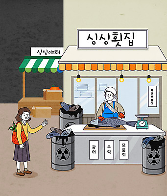 전신 여자 남자 일러스트 저울 어류 서기 들기 상반신 두명 놀람 회색 환경오염 오염 시장 위험 고객 장바구니 식칼 드럼통 방사능 원자력발전기호 횟집 성인만 피폭 국내일러스트 AI파일 기호 감정 컬러 컨셉 모션 주방용품 표정 사람 쇼핑 바구니 식당 수중동물 파일형식 벡터