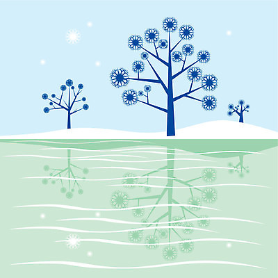 EPS 해외이미지 나무 호수 겨울 일러스트 눈꽃 사람없음 반사 눈송이 세그루 눈꽃무늬 해외202004 해외202105 해외일러스트 식물 계절 무늬 눈_날씨 3 파일형식 벡터