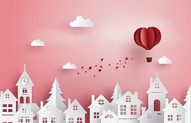 EPS 해외이미지 나무 구름 분홍색 일러스트 주택 사랑 사람없음 마을 열기구 하트 페이퍼아트 해외202004 해외202105 해외일러스트 자연요소 모양 식물 감정 컬러 항공교통 건물 파일형식 벡터